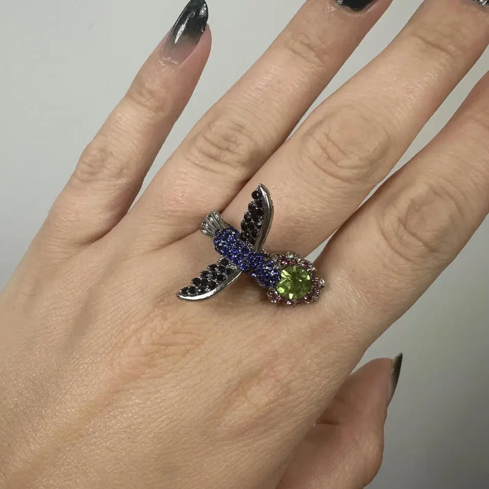 Vintage Silver Toned Gemstone Hummingbird Ring -‎ Size 7.75